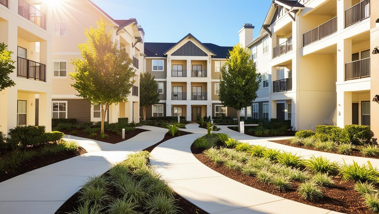 A clean, well-kept apartment community walkway