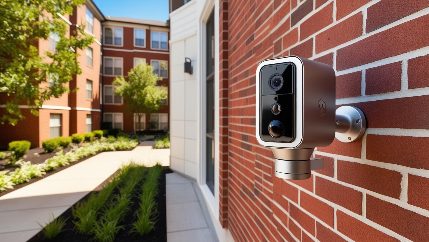 Security camera mounted at an apartment community